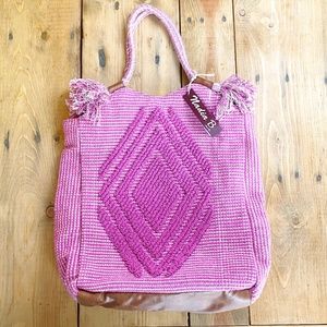 Nadia B Carpet Tote Bag  Hand Tufted handcrafted Pink Tassels Faux Leather Purse